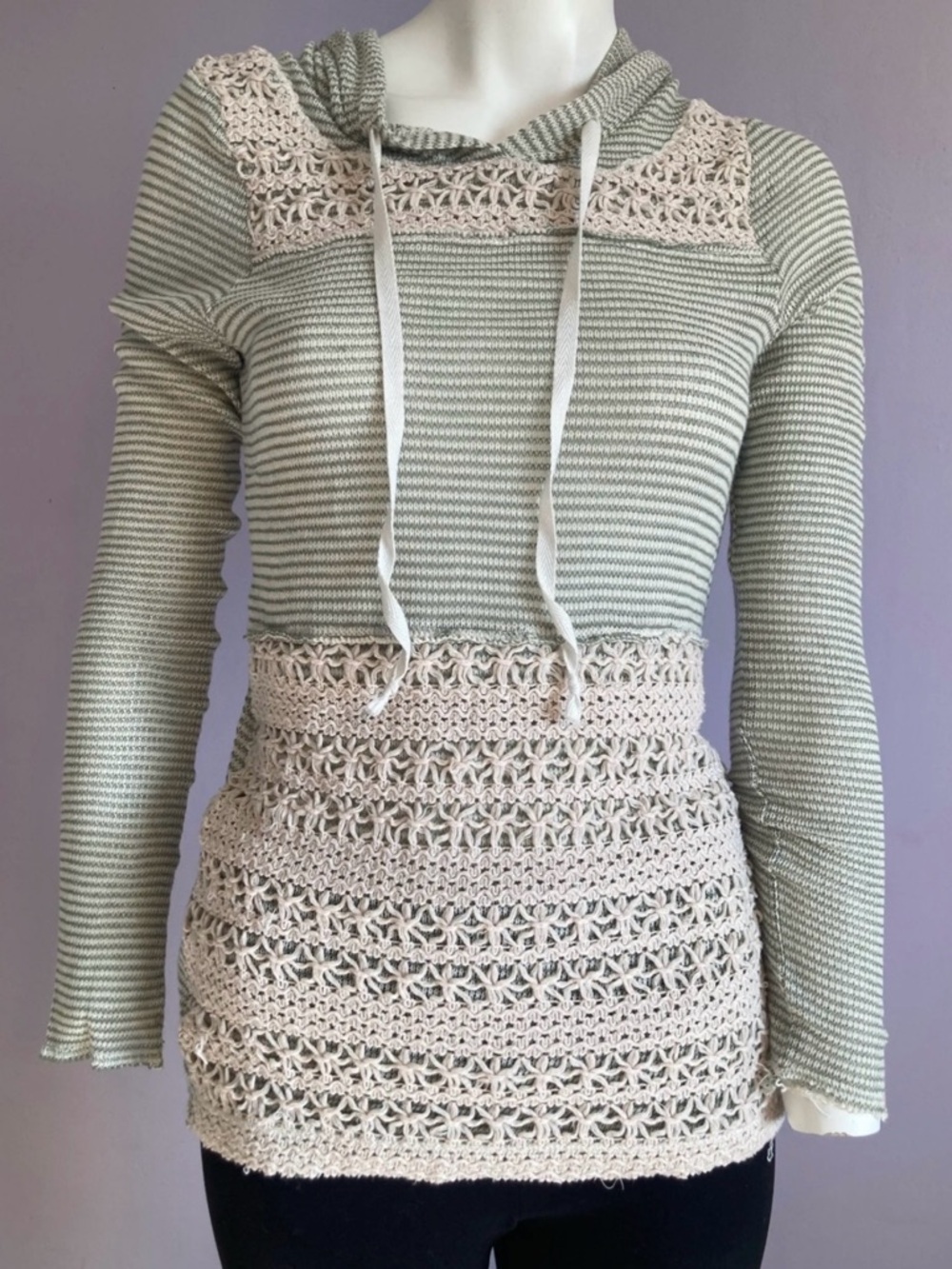 Daytrip Gray and Cream Crochet Hooded Pullover